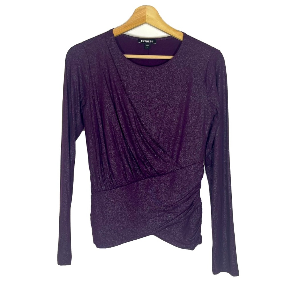 NWT Express Glittery Faux Wrap Top Pleated Long Sleeves Purple Sz S